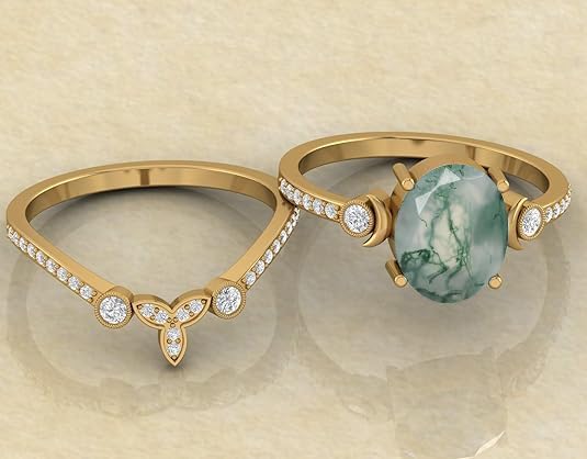 LMDPRAJAPATIS Natural Moss Agate Engagement Ring Set for Women, Oval Gemstone Gold Plated Bridal Wedding Band, Vintage Leaf Design Promise Ring, Unique Statement Jewelry Gift