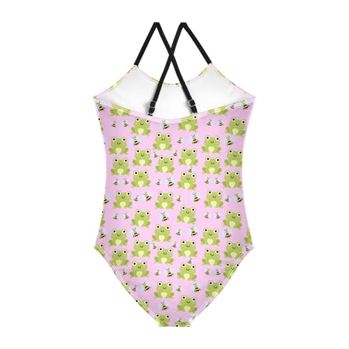 senya Girls Swimsuits One-Piece Swimwear Tie Bathing Suit Beach Summer Round Neck 9-10T Frog Bee Pattern2