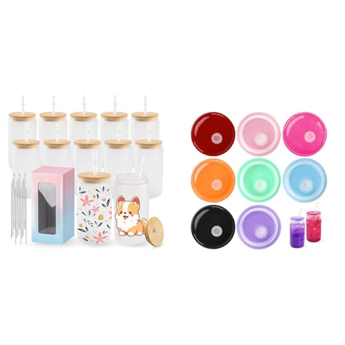 Joyclub Bundle of 12 Pack Frosted Sublimation Glass Cups with Lids and Straws 16oz and 8 Pack Acrylic Lids for 16 oz / 20 oz Glass Cups with Bamboo Lids and Straws