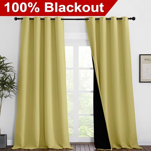NICETOWN Total Shade Curtains and Draperies, Heavy-Duty Full Light Shading Drapes with Black Liner Backing for Villa/Hall/Dorm Window(Paler Yellow, Package of 2 Panels, 52 inches Wide x 95 inches Long by NICETOWN - Image 2