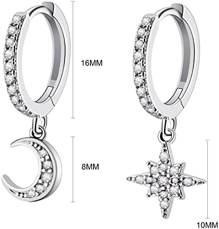 Bo Win 925 Sterling Silver Earrings Star Moon Dangle Earrings Womens Silver Drop Earrings with 3A Cubic Zirconia Silver Hoop Earrings Small Sleeper Silver Hoops Earrings for Women Girls