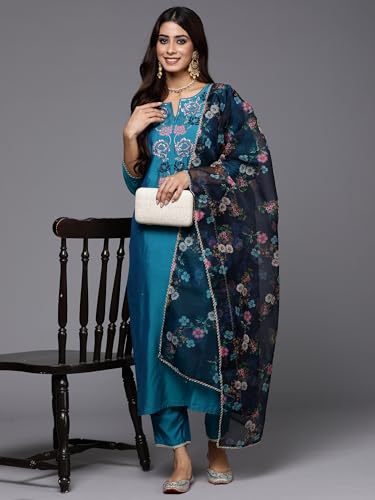 Image of INDO ERA Women's Viscose Embroidered Straight Kurta Pant With Dupatta Set