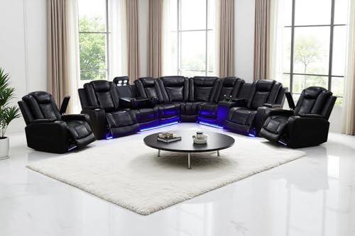 Image of Power Reclining Sectional Sofa Set, Living Room Furniture Sets, Leather Recliner Corner Couches and 2 Chairs, Power Recliner Sectional with Cup Holder /Storage Console for Living Room