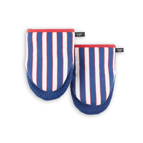 Image of kate spade new york Botanical Stripe Mini Oven Mitt 2-Pack Set, 5.5 inch x 8 inch, Navy Blue /Red