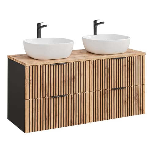 Lomadox Meuble de salle de bain double vasque, 121 cm, avec 2 lavabos, anthracite avec chêne Nb. noir rainuré, 120,6 x 74,2 x 46,5 cm