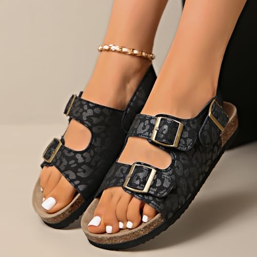 Large-sized women's leopard print thick-soled sandals - Adjustable buckle and toe opening design, artificial leather fabric and rubber outsole, suitable for casual or formal wear, durable3