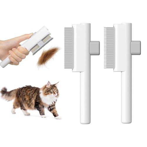 Image of Marchul 2 Pack Self-Cleaning Pet Grooming Comb Set, Cat & Dog Flea Brush with One-Click Release Button, Stainless Steel Round Teeth Comb for Removing Tangles, Loose Fur and Shed Hair, White