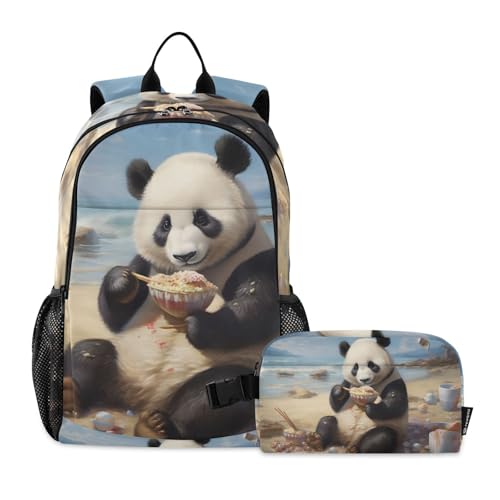 Backpack Lunch Bag Set for Travel Hiking Picnic, Panda Beach Print Backpacks with Insulated Lunch Box