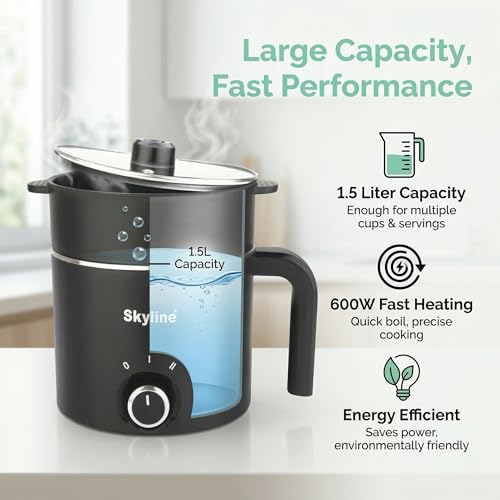 Image of Skyline Multi-Purpose Electric Kettle with Steamer and Egg Boiler, 1.5L, 600W, Temperature Control, VTL-9091 (Black)