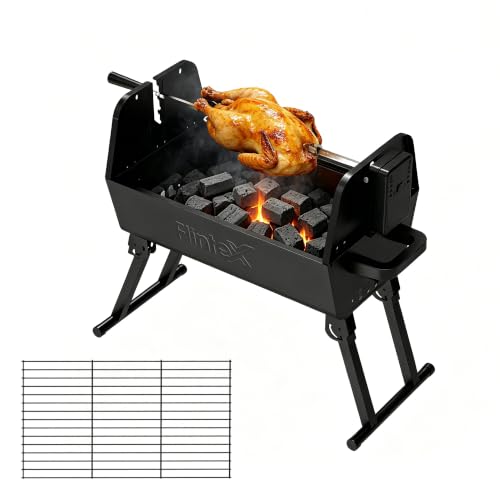 Flintex Portable Charcoal Grill with Motorized Rotisserie Dual Cooking Zones Foldable Design 262 sq.in. Cooking Area 3 Height Settings Adjustable Vents for Camping Tailgating