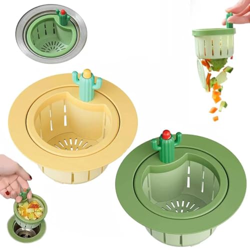 Cactus Kitchen Sink Drain Strainer 2026 New Upgrade Self-Cleaning Press Dumping Basket Faucet Hanging Filter Basket Food Residue Collector Kitchen Bathroom Accessory (Green+Yellow)