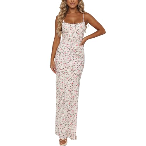 Image of Womens Summer Casual Floral Dresses Spaghetti Strap Bodycon Maxi Beach Dress Elegant Evening Party Long Dresses