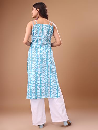 Image of EthnicJunction Women's Cotton Blend Straight Fit Straight Embroidered Batik Print Shoulder Straps Kurta | Navratri Special Kurta