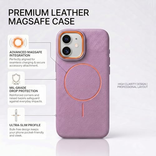 Image of amazon basics Luxury MagSafe Compatible Leather Texture Back Cover for iPhone 12 | Raised Camera Protection | Slim Fit Shockproof Case with Metallic Accents (Purple)