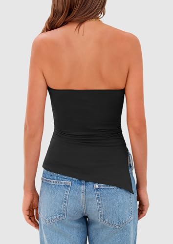 PRETTYGARDEN Womens Tube Top 2025 Summer Trendy Strapless Tops Going Out Outfits Ruched Asymmetrical Bandeau Shirts2