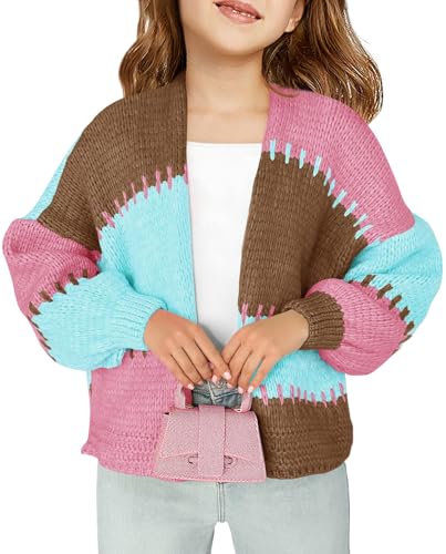 Haloumoning Girls Color Block Cardigan Sweaters Kids Chunky Open Front Knitted Sweater 5-14 Years