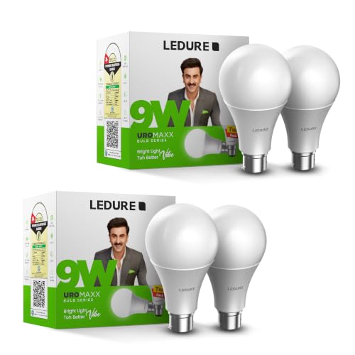 Image of LEDURE 9W Uromaxx High Glow Led Bulb | Pack of 2 (4 Bulbs) | B22 Base | BIS and BEE Approved | Cool White Day Light (6500K) | High Surge Protection | Long Life B22 bulb for Home and Office