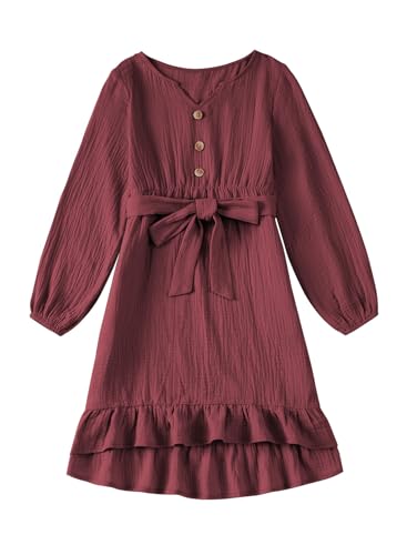 blibean Girls Cotton Long Sleeve Dresses Ruffled Semi Formal Dress Size 6-15 Years