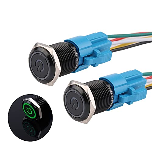 Jiqi 16Mm 2Pcs Waterproof 12V-24V Momentary Push Button Switch 1No 1Nc Led Push-Button Switch Black Metal Power Symbol Light With Wire Socket Plug Industrial Switches For Car Marine Boat Truck(Green) #TOP5