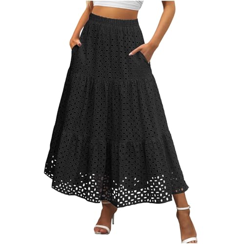 HGps8w Women's 2025 Summer Boho Hollow Out Eyelet Tiered Maxi Skirt High Waisted A Line Flowy Casual Long Skirts with Pockets