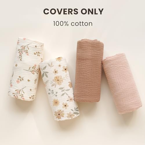 Image of Konssy Muslin Baby Lounger Cover 2 Pack, 100% Cotton Newborn Lounger Cover, Soft and Breathable Baby Nest Slipcover for Boys Girls (Peach, Flowers)