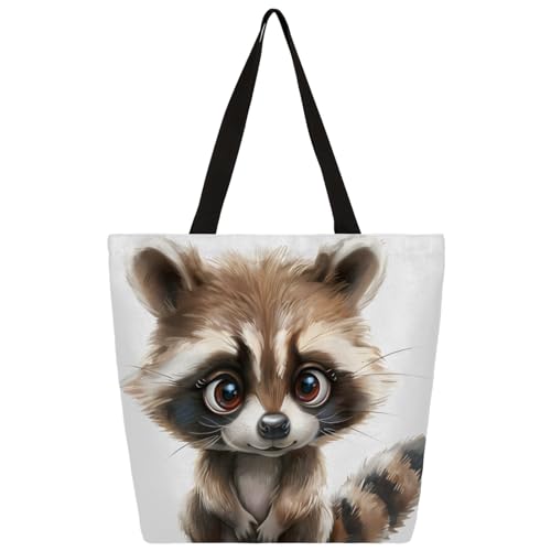 Cute Raccoons Large Capacity Canvas Tote Bag Stylish Handheld Shoulder Bag Reusable Shopping Bag for Work Travel Beach Trips Shopping