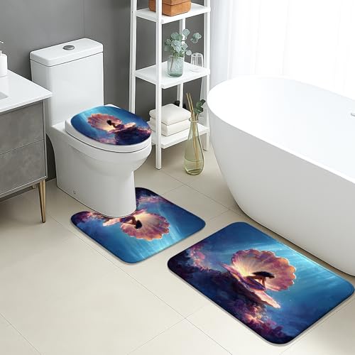 Set di tappetini da bagno a tema oceano, 3 pezzi, vivaci motivi di conchiglie assorbenti antiscivolo tappeti da bagno a forma di U lavabili, set di tappeti da bagno estivi in flanella ad asciugatura
