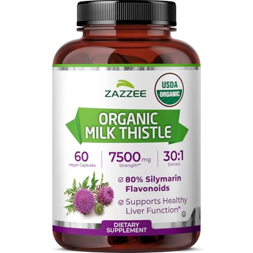 Zazzee USDA Organic Milk Thistle 30:1 Extract 80% Silymarin 60 Vegan Capsules 2 Month Supply Certified Kosher High Potency Liver & Antioxidant Support Silybum Marianum Non-GMO Made in the USA