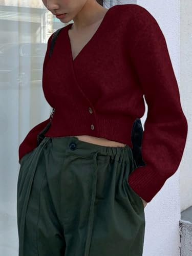 Image of WDIRARA Women's Wrap V Neck Sweater Button Front Long Sleeve Crop Knitted Top