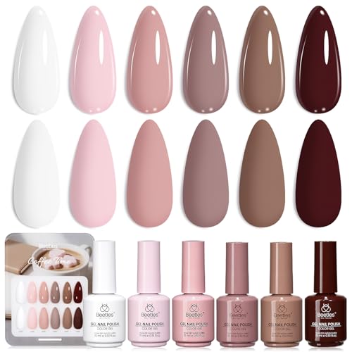 Image of Beetles Nude Gel Polish Set - 15ML Full Size 6 Colors Neutral White Pink Nude Brown Gel Nail Polish Kit Coffee Time Collection Soak Off UV LED Gel Long Lasting Glossy Finish Gifts for Women
