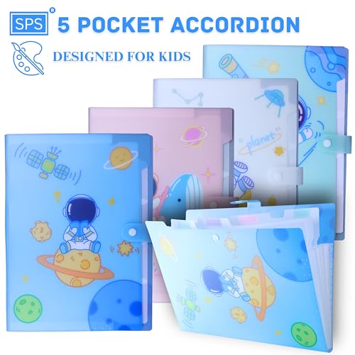 Image of SPS A4 Expanding File Folder - Pack of 4 | Space Theme | 5 Pockets | Pastel Colors - Blue, White, Green, Pink | Snap Button Closure | Fits A4 & Letter Size | Fun & Kid-Friendly