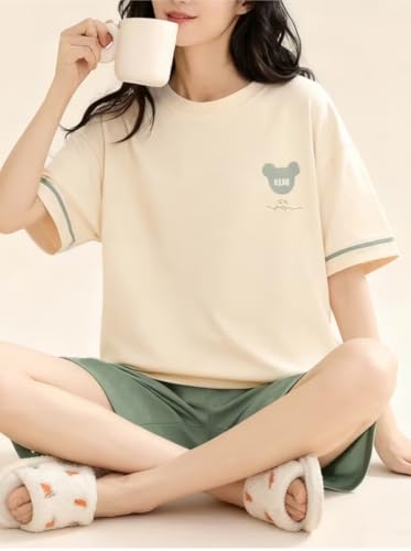Image of Celary Korean Women's Pyjama Set|Cute Printed T-Shirt & Shorts Set|Soft Cotton Blend Women Night Suit Sleepwear| Shorts Set for Women