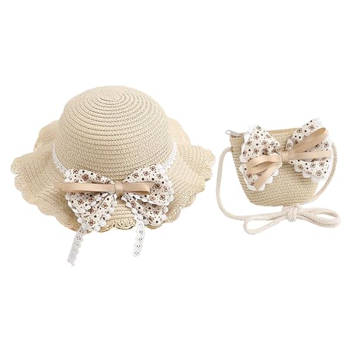 Girls Sweet Lace Bowknot Summer Sunblock Straw Hat with Crossbody Bag Wide Brim Outdoor Beach Sun Protection Bucket Hat