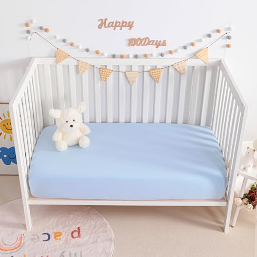 Image of NTBAY 2 Pack Muslin Cotton Crib Sheets, Soft and Breathable Double Layer 28x52 Baby Crib Sheets for Standard Crib and Toddler Mattresses, Boys, Girls, Unisex, Aqua, 28x52 Inches