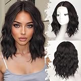 Eawwii Dark Brown Short Wavy Wig for Women Lace Hairline Bob Style Synthetic Heat Resistant - Natural Appearance for Everyday Hairstyle 14 Inch