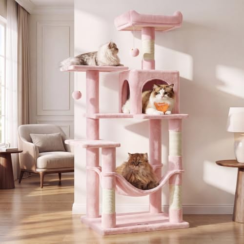 Image of Feandrea Cat Tree, 54.2-Inch Cat Tower, Plush Multi-Level Condo with 4 Scratching Posts, 2 Perches, Hammock, Cave, Jelly Pink UPCT161P01