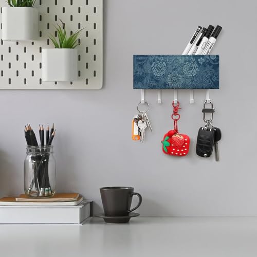 Colgador de llaves de pared con encaje floral azul de gran resistencia 6