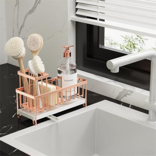 Image of Cisily Sponge Holder for Kitchen Sink, Sink Caddy Organizer with High Brush Holder, Kitchen Countertop Organizers and Storage Essentials, Rustproof 304 Stainless Steel (Rose Gold, 9.25″)