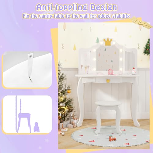 Image of KOTEK Kids Vanity with Lights, Crown Girls Vanity Set w /Tri-Folding Mirror, Detachable Top, Stool & Drawer, Wooden Toddler Makeup Desk, Pretend Play Kids Vanity Table and Chair Set (Classic White)