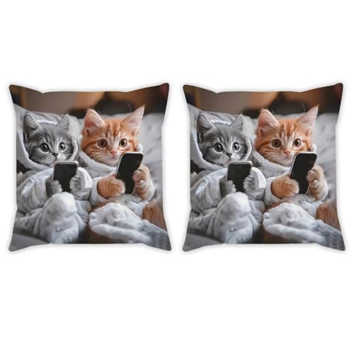 Image of Clyrax 2PCS Cute Cat Theme Cushion Covers, Funny Cat Holding Phone Design Soft Cotton Pillow Case with Double-Sided Print, Cushion Cover Set for Sofa, Bed, Living Room Decor, Cat Lovers Gift, 45x45cm