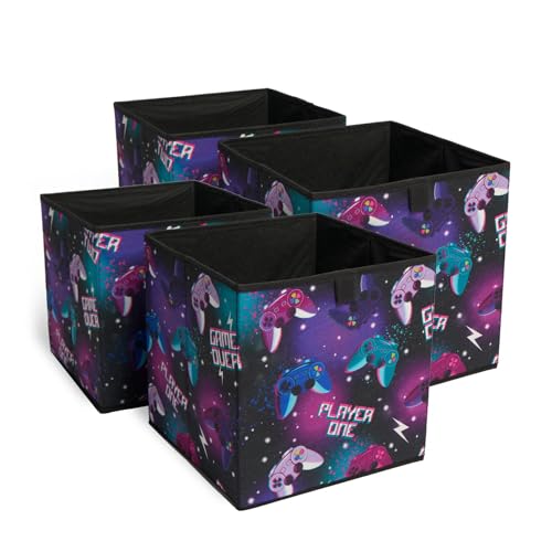 OHS Set of 4 Fabric Storage Boxes Home Organiser Toys Clothing Bathroom Pop Up Collapsible Foldable Gaming Print Cube Storage Space Saving Kids Storage Baskets, Black