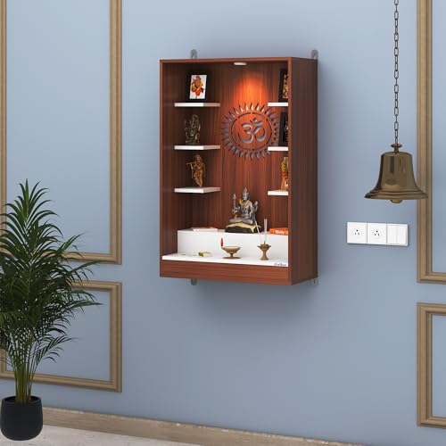 Image of Anikaa Niketana Wooden Wall Mount Mandir for Home | Pooja Temple with LED Light, Om Back Panel & 6 Shelves | Hindu Wooden Temple for Home & Office Decoration | Walnut /White (DIY), Size(32x20x8 Inches)