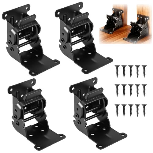 4 Pack Folding Table Leg Brackets Heavy Duty Folding Brackets with 0 - 90 - 180 Self-Locking Folding Hinges Lock Extension Support Bracket Bed Legs Furniture Support Screws Black