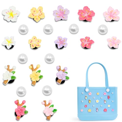 Accessories for Bogg Bag, Colorful Flowers and Pearls Decoration for Bogg Bag Charms, Compatible with Women Rubber Beach Bag Tote Handbag（23 Pcs）