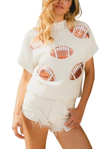 ChiyeeKiss Women's Football Sequin Patches Sweaters Crewneck Short Sleeves Knit Pullover Tops(0655-White-XL)