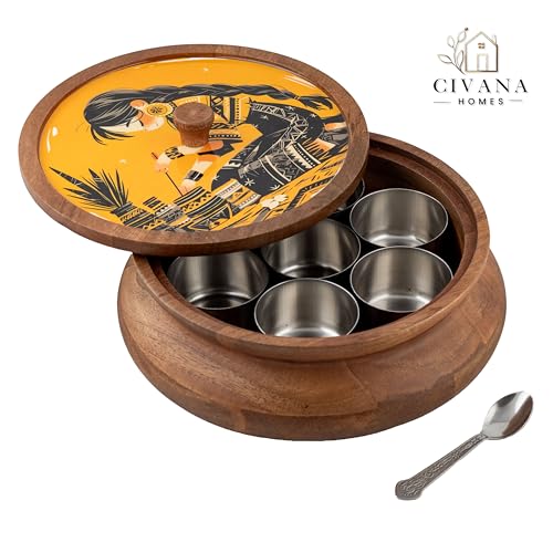 Image of Wooden Spice box for kitchen with spoon, Mango wood box with 7 Steel containers | Masala box for kitchen | Masala Dani | Best Gift (Yellow Masala Box)