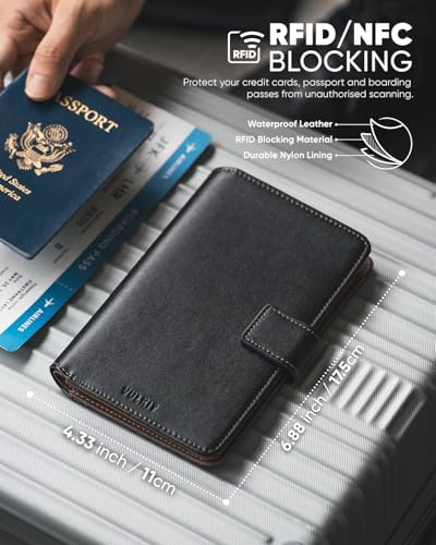 Image of VULKIT Passport Wallet Compatible with Airtag Holder RFID Blocking Bifold Travel Card Holder, Black Brown, 6.9x4.3x0.10 inches, Minimalist