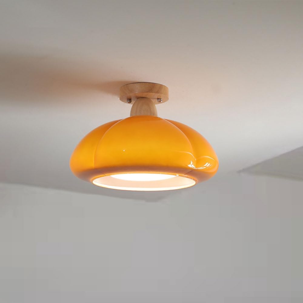 Close To Ceiling Light Fixture Modern Semi Flush Mount Ceiling Light With Glass Orange Shade Ceiling Lamps 30CM Ceiling Light Fixture Wood Round Ceiling Light For Living Room Kitchen Bedroom H