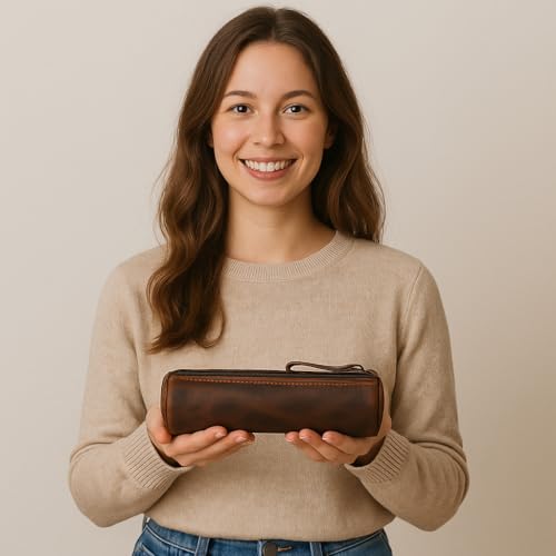 Image of Round Leather Zipper Pencil Case - Full Grain Handmade Pen, Marker & Sketch Pouch, Compact Tube-Shaped Organizer for Office & Travel, Premium Small Tool Holder for Adults - Brown