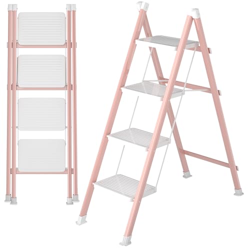 DIAMONDFORGE 4 Step Folding Ladder Heavy Duty Steel Step Stool with Anti-Slip Wide Pedal & Feet 600 lbs Capacity Safety Ladder for Home and Office Pink White
